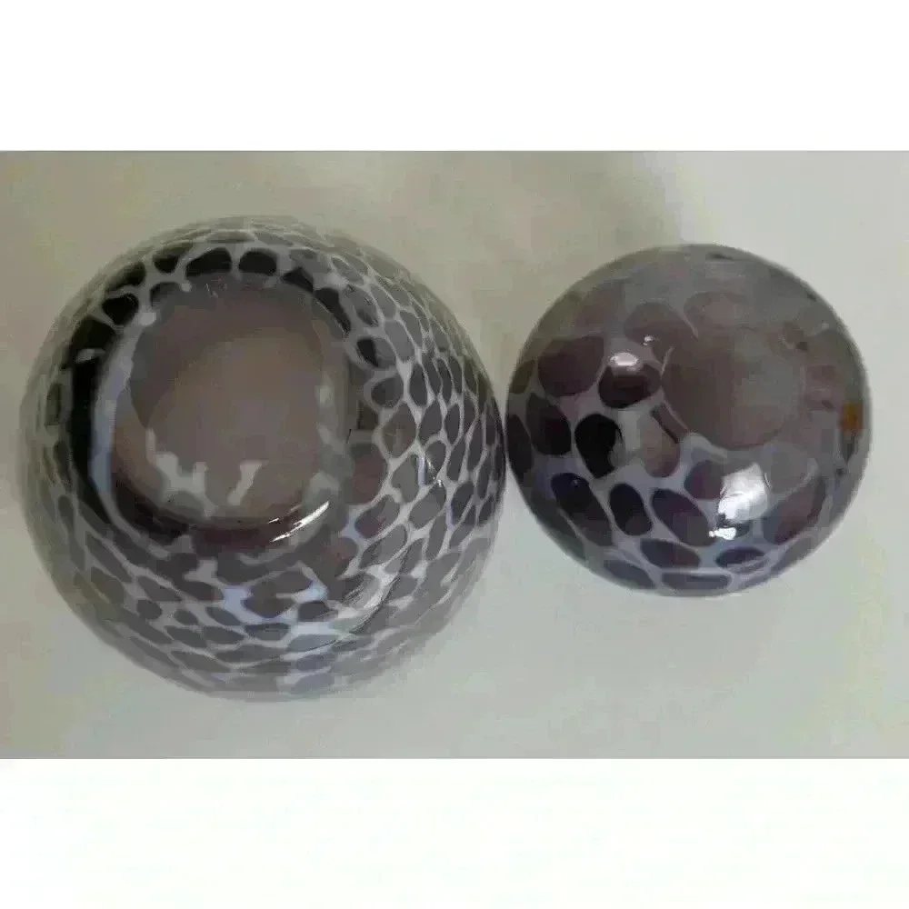 Two Hand Blown Art Glass Vases Purple Tortoise shell spots Clear pontil mark